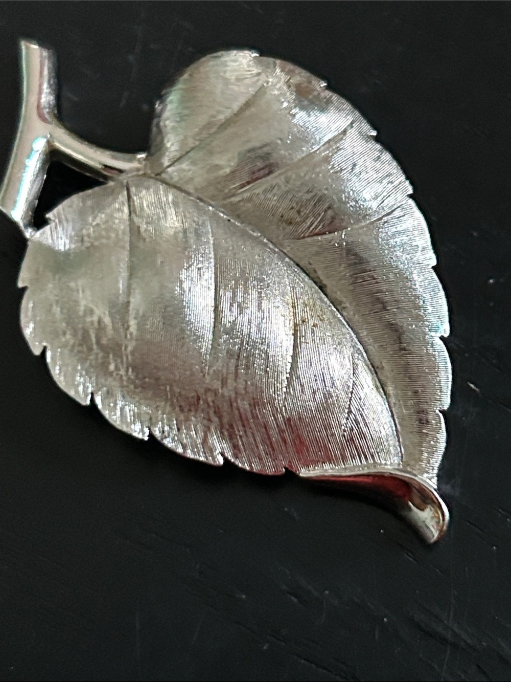 Vintage MCM Crown Trifari Brushed Silver Minimalist Leaf Brooch